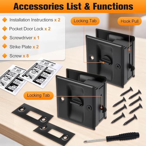Kit de 2 cerraduras para puertas empotradas, herraje de privacidad para puertas empotradas de 2-1/2" × 2-7/10", manijas para puertas empotradas, cerradura y pestillo con tirador en negro mate para puertas de 1-3/8" a 1-3/4" miniatura 5
