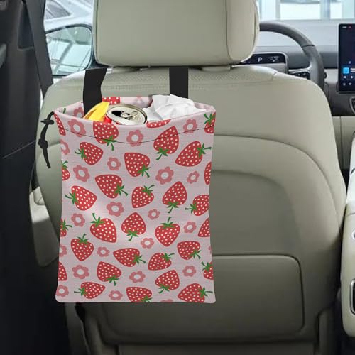 Image of Car Trash Bag Strawberry Flower Car Garbage Bag Hanging Car Trash Can for Back Seat with Drawstring
