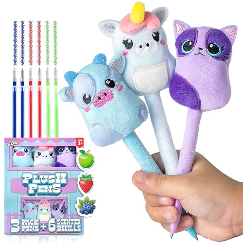 BUNMO Easter Basket Stuffers - Plush Cute Squishy Animal Pens w/Scented Glitter Ink Refills 3-Pack - Easter Basket Stuffers for Teens – Fun Writing, Doodling & Journaling for Kids & Teens