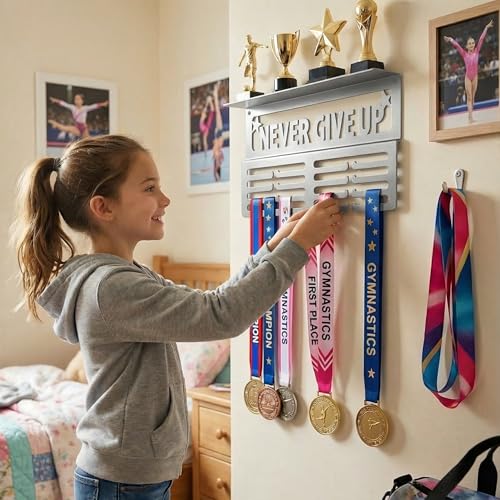 Image of AGATHOS HOME Medal Hanger Display with Trophy Shelf - Metal Awards Rack for Walls Holds 64+ Sports Medals- Our Never Give Up 16 inch Medal Holder Awards Trophy Display