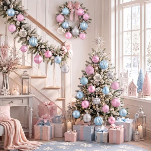 Image of Lunmon 64 Pcs Pastel Christmas Ball Ornaments Pink Blue Silver Xmas Bulbs