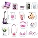 21 Pcs Dollhouse Miniature Laptop Computer Tablet Phone 1/12 1/6 Scale Tiny Book Drinks Guitar Instrument, Doll House Furniture Decor Cake Glasses Coffee Mini Headset, Camera, Potted Plants (Pink)