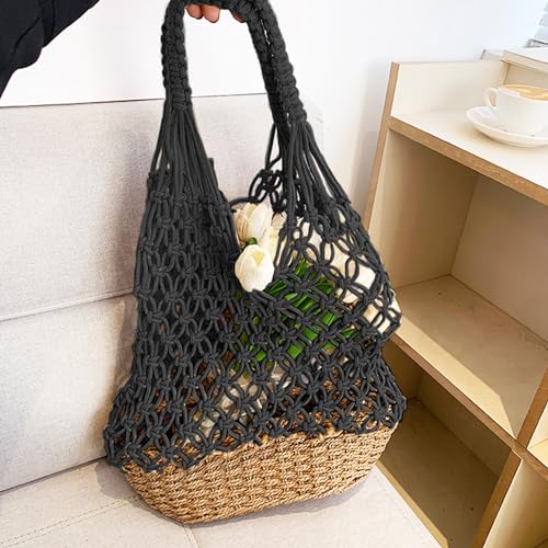 Bolsa tote tejida a mano de algodón para mujer negra miniatura 6