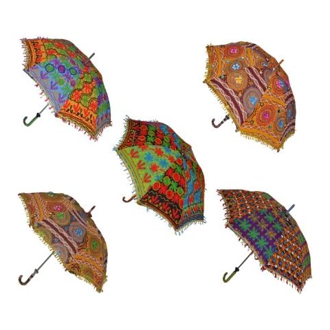 Rajasthali Indian Handmade Designer Cotton Fashion Multi Colored Umbrella Embroidery Boho Umbrellas Parasol 5 Pcs Lot Cover