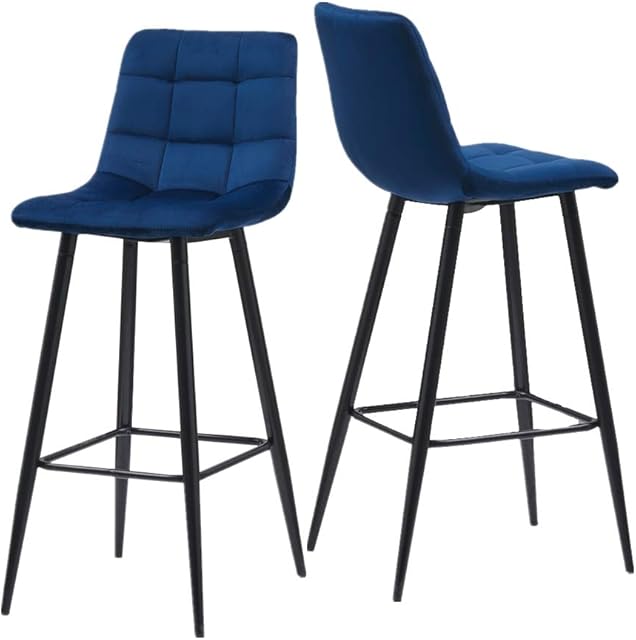 OFCASA Bar Stools Set of 2 Blue Velvet Upholstered Bar Stools Square Pattern Backrest Breakfast Kitchen Bar Chairs for Home Kitchen Bar 65cm Height