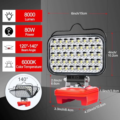 Image of Cordless LED Work Light for Milwaukee 18v Battery,80W Portable Flood Light with USB and Type C Charger Ports for Camping Emergency Workshop(No Battery)