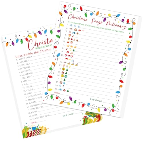 FYSUIMU 36 Pcs Christmas Emoji Songs Pictionary Word Scramble Game Cards Colorful Xmas Light Bulb Tree Game Paper Card for Family Office Large Groups Xmas Holiday Party