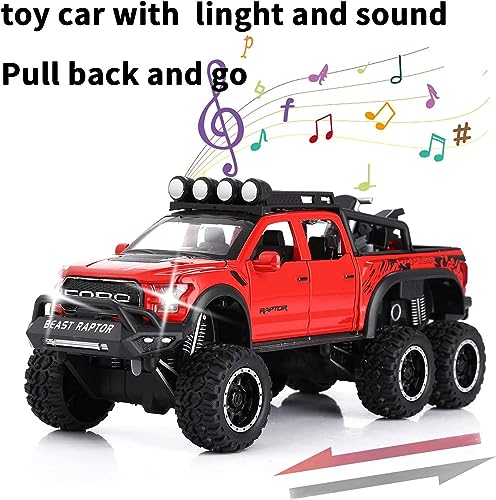 Image of 1:24 Raptor F150 Alloy Metal Diecast Car, Pull Back Toy Car with Openable Doors, Light and Music, Boys Gifts and Toys for Kids (Red)