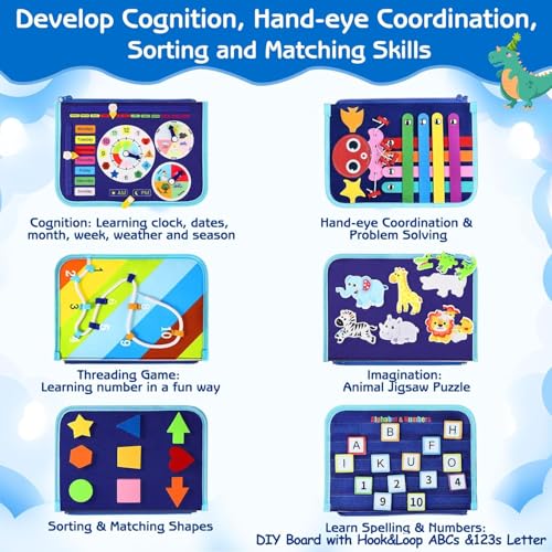 Image of SHINETOY Montessori Busy Board for Toddlers | 8-Page Sensory Activity Book | Fine Motor Skills, Clock, Shapes, Numbers, Alphabet & Life Skills | Dinosaur Theme Travel Learning Toy for Kids 3-6