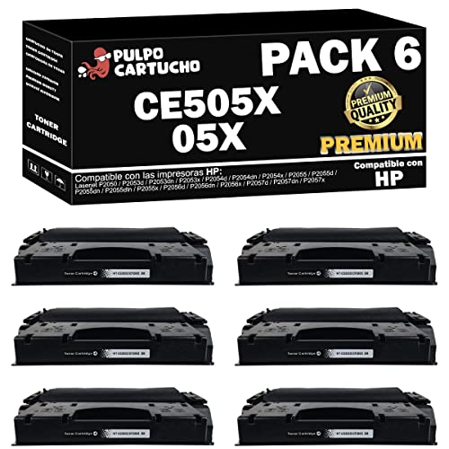 Pulpo Cartucho   Toner CE505X Premium Negro Compatible con HP CE505X Premium/Ref. 05X   Pack 6   Premium   Valido para Impresoras Laserjet Series P2050 / P2053 / P2054 / P2055 / P2056 / P2057