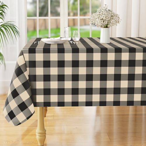 Image of misaya Square Waterproof Vinyl Table Cloth, Buffalo Flannel Backed Tablecloth, Wipeable Plastic Table Cover for Dinner, Kitchen, Outdoor (54 inch x 54 inch, Black and Beige)