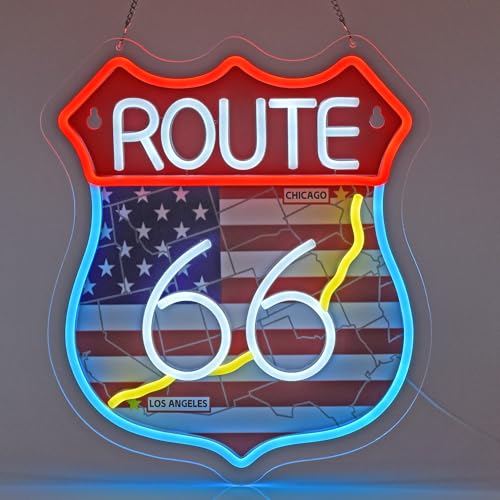 SINBEAUTIES Route 66 Neon Sign, Retro American Highway Shield Neon Light Wall Art Decoration for Souvenir Shop Bar Diner Garage Men Cave Home Deor, USB Powered Ultra Bright Dimmable, 15×12.2Inches