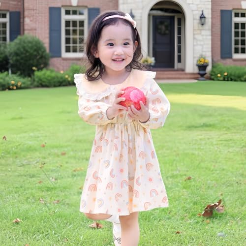 MHJY Baby Toddler Girl Dress Long Sleeve Fall Playwear Dress with Bag Floral Princess Dress Beige