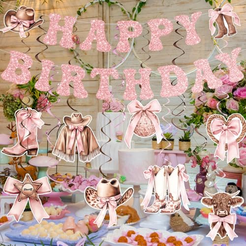 Image of Yunlly Cowgirl Birthday Party Decorations Pink Bow Happy Birthday Banner Western Hanging Coquette Swirls Disco Balloon Rodeo Bachelorette Decor Supplies for Women Baby Shower Birthady Party Favors