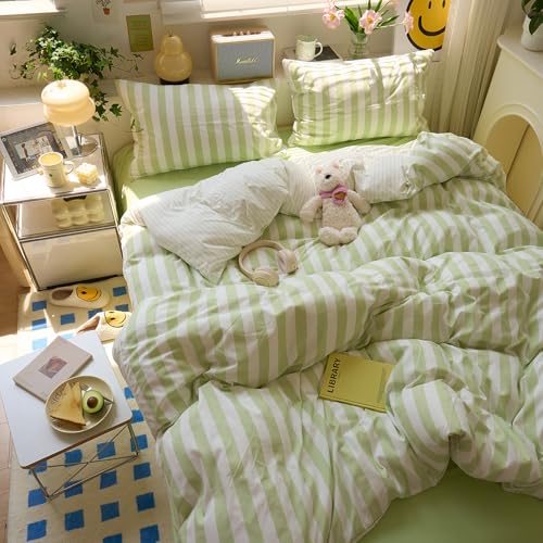 Image of EAVD Green Striped Duvet Cover King Soft Washed Microfiber Chic Vertical Striped Bedding Set with 2 Pillowcases Reversible Farmhouse Geometric Duvet Cover with Zipper Closure