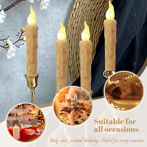 Image of Retro Khaki Flameless Short Taper Candles, Real Wax Hand Dipped LED Battery Operated with Remote, Flickering Flame Lights for Festival Home Decor, 6.7 Inch Primitive Flameless Candles, 4PCS