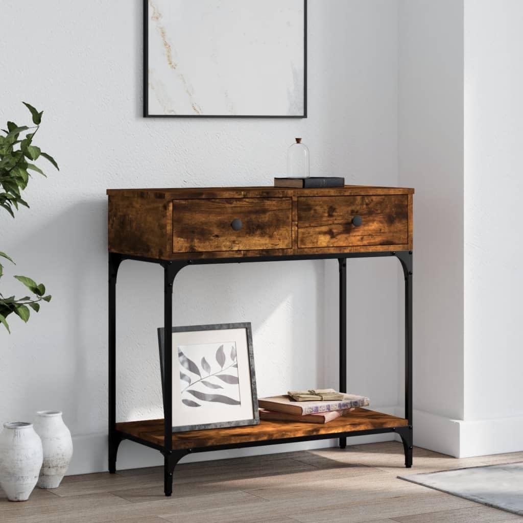 SXZenSpace Console Table 75x34.5x75 cm Smoked Oak Engineered Wood with Metal Frame, Slim Drawer Shelf Hallway for Living Room Corridor Bedroom