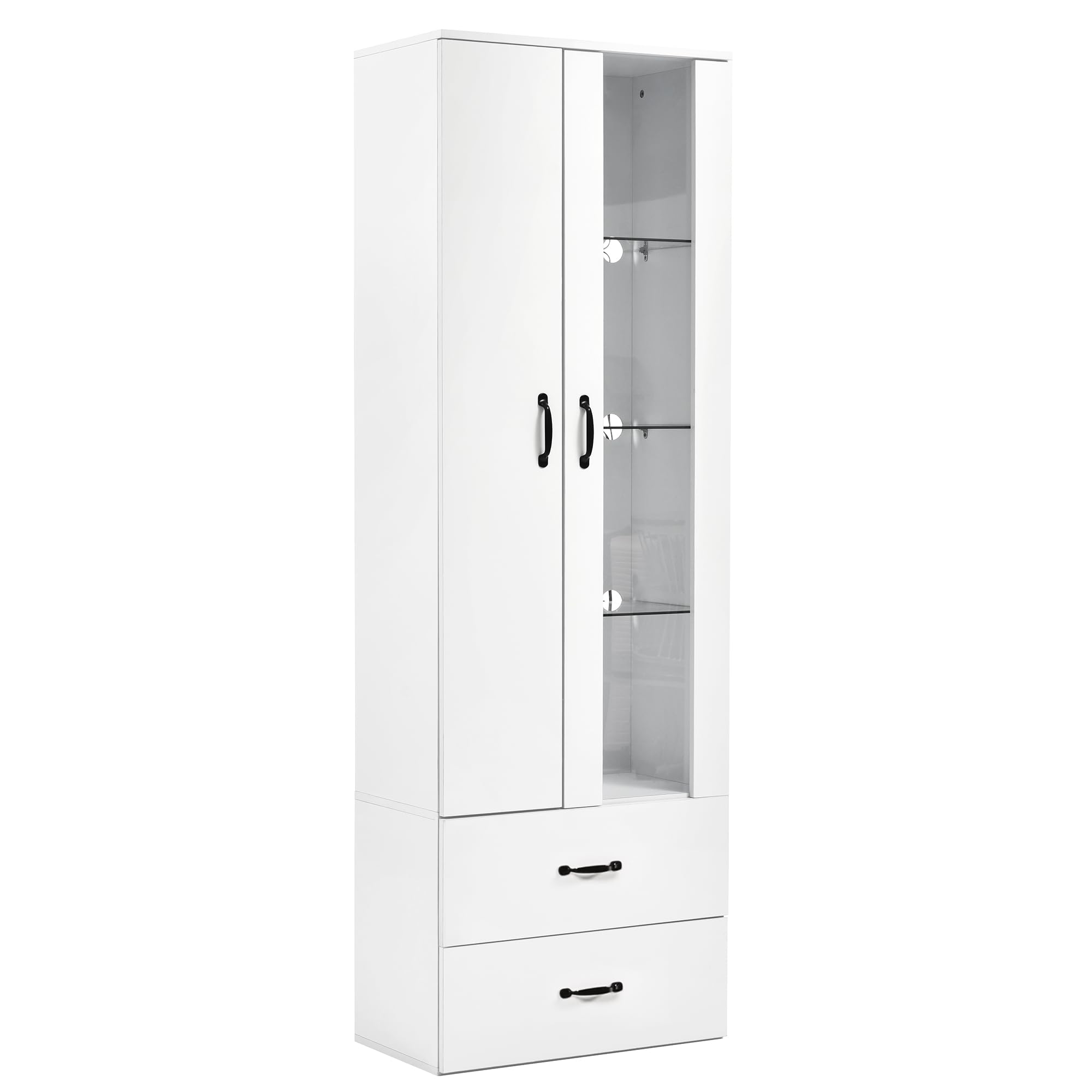 Lexiou vitrina LED de 16 colores, 2 puertas, 2 cajones con puertas de cristal, pie, sala de estar, armario buffet, estantería alta