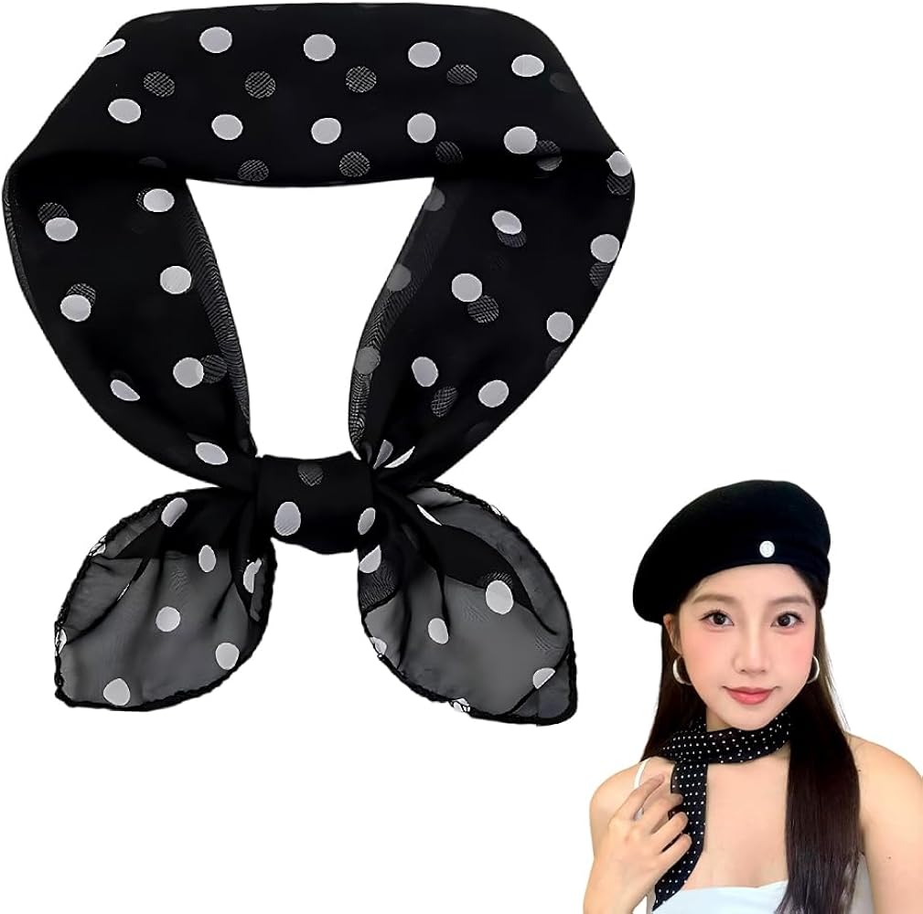 Tofwaol Polka Dot Scarf for Women - Black, Chiffon & Silk, Vintage
