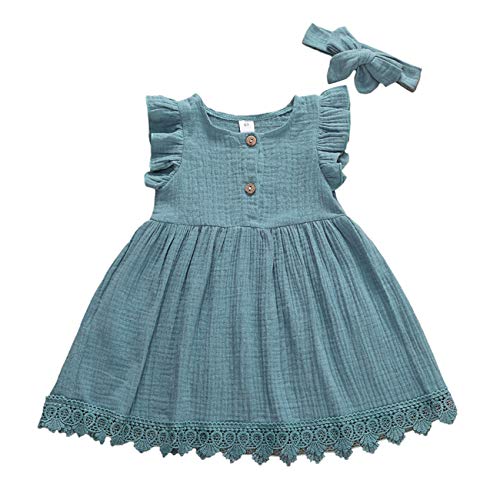 Toddler Baby Girl Infant Comfy Cotton Linen Lace Princess Overall Dress Sundress (R-Dress 33(Grey Blue), 2-3T)