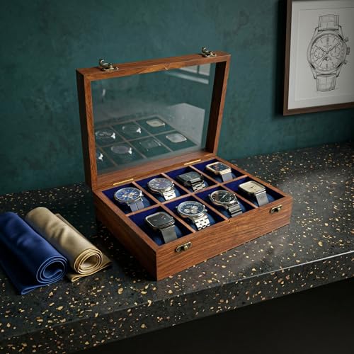 Image of Vintage Wooden Watch Box for Men, Timepiece Display Case, Storage Organizer, Jewelry Box for Women, Gift for Men - Sheesham Wood, Handmade Cushions & Paddings (8 Grooves)