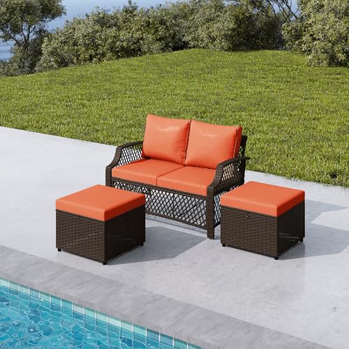 Image of HOMREST 3 Piece Patio Loveseat Set, Outdoor Wicker Sofa with 2 Ottomans & Cushions, All-Weather PE Wicker Patio Furniture for Porch, Poolside, Garden & Deck(Orange) | Outdoor Wicker Sofa
