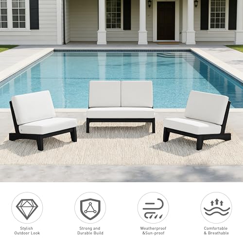 Image of Pia Ricoo 4 Piece Patio Furniture Sets, Outdoor Loveseat Sofa Set with 2 Chairs & Coffee Table, Patio Conversation Set for Backyard, Deck, Lawn, Beige, Dark Wood