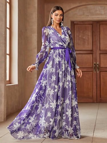 Image of TOLEEN Summer Casual Dresses for Women 2024 Spring Fashion Boho V Neck Long Sleeve Ruffle Floral Print Elegant Maxi Dress