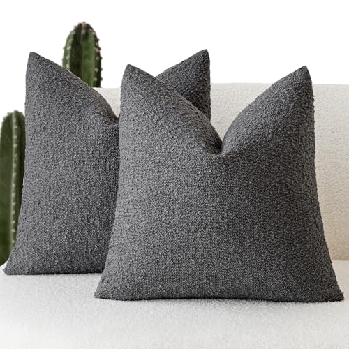 Image of Foindtower Set of 2, Decorative Textured Boucle Throw Pillow Covers Accent Solid Pillow Cases Neutral Soft Cozy Couch Cushion Case for Chair Sofa Bedroom Living Room Home Decor 24 x 24 Inch Dark Grey