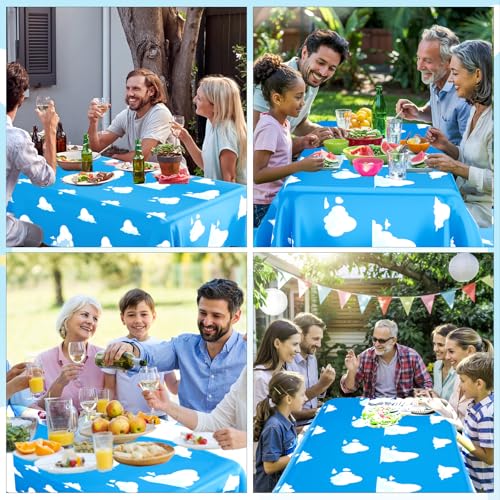 Image of 8 PCS Blue Sky and White Clouds Party Tablecloth, Cartoon Story Tablecloth, Disposable Plastic Rectangle Cartoon Table Cover for Boys Girls Baby Shower Picnic Birthday Party Decorations, 54x108 Inch