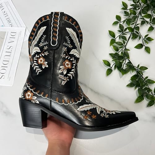 Embroidery Floral Western Boots Square Toe Block Heel Cowboy Cowgirl Boots Vintage Soft Leather Chunky Low Heel Ankle Boots Short Boots Fashion Booties3