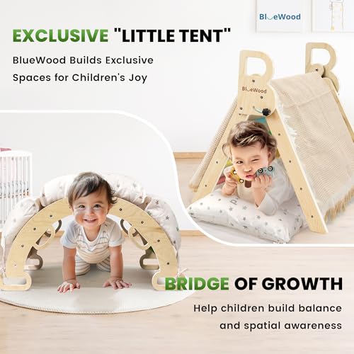 bluewood pikler triangle set with cushion - climbing toys for toddlers 9-in-1 montessori philosophy play jungle gym with arch ramp ladder rainbow
