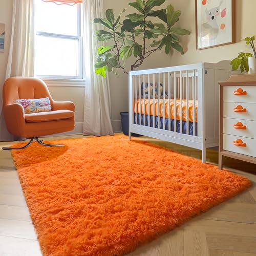 Amdrebio Orange Rugs for Bedroom Living Room, 5x7 Fluffy Fuzzy Area Rugs for Kids Room Decor Aesthetic, Cute Furry Plush Shag Carpet for Toddler Teen Girls Boys Baby Nursery Dorm Playroom Classroom
