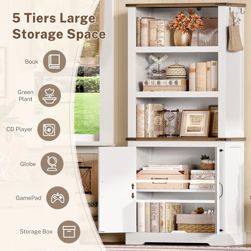 Image of TEENFON 70.9in Tall Storage Cabinet with Adjustable Shelves, Kitchen Pantry Cabinet with 2 Barn Doors, 5 Tiers Farmhouse Bookcase for Living Room, Kitchen, Home Office, Bedroom, White