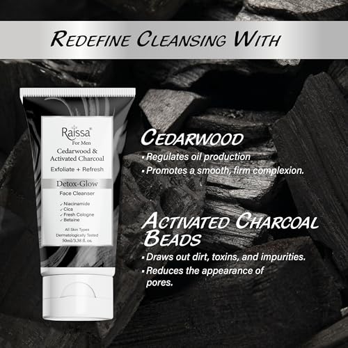 Image of Raissa Men's Soap Free Face Wash with Activated Charcoal, Cedarwood & Niacinamide |Glow, Detox, Brightening, Anti pollution, Deep Cleansing, Oil Control & Pore Care | 50ml