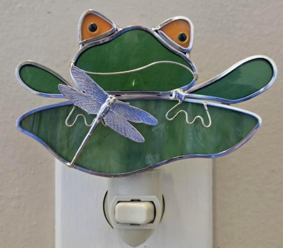 JGS Stained Glass Frog Night Light with Dragonfly – Handcrafted Real Glass with Silver-Plated Finish – Includes Standard Base and 5W Bulb – Whimsical Decor by Juhlin Glass Studio