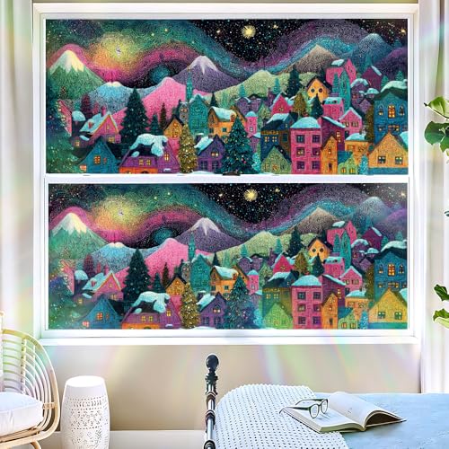 Image of Colorful Folk Art Winter Village Window Film 39.37x17.32in Cling