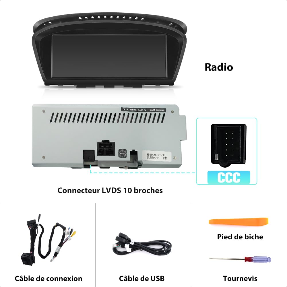AWESAFE Linux Autoradio écran Tactile de 8,8 Pouces compatibles pour BMW Série 5, E60, E61, E63, E64, Série 3 E90, E91, E92, avec Carplay/Android Auto Bluetooth/USB/CCC système