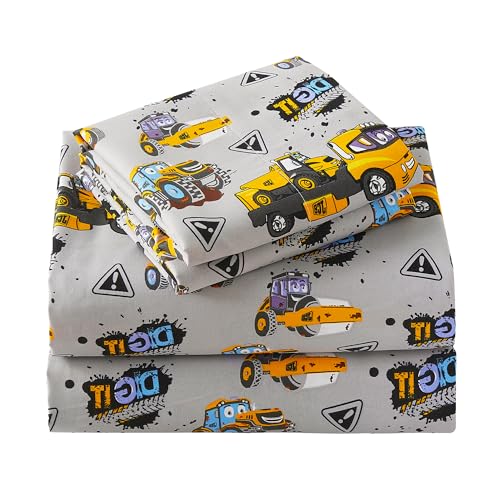 Image of Viviland 3 Pieces Boys Grey Truck Twin Sheet Set - Soft Microfiber Fitted Flat Sheets & Pillowcase Bed Sheet Set - Heavy Duty Vehicle Print Bedding Sets for Kids