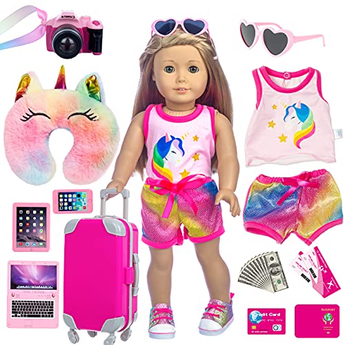 XFEYUE 23 Pcs American 18 inch Doll Clothes and Accessories - Suitcase Luggage , Pillow, Sunglasses, Camera, Passport, Mobile Phone , Computer Doll Travel Gear Play Set Fit American 18 inch Girl Doll