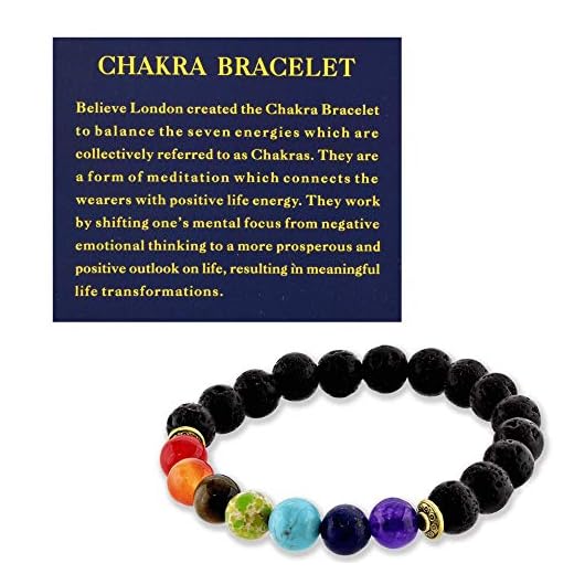 Believe London Chakra Bracelet with Jewelry Bag & Meaning Card | Adjustable Bracelet to Fit Any Wrist | 7 Chakra Natural Stone | Healing Reiki Yoga (6.5 Inch Bracelet)
