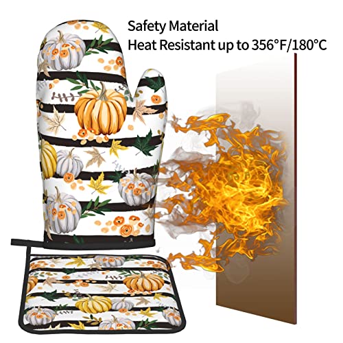 Oplp Autumn Orange Pumpkins Flowers Striped Oven Mitts And Pot Holders Heat Resistant Oven Mitts Safe For Baking Cooking Bbq #TOP4