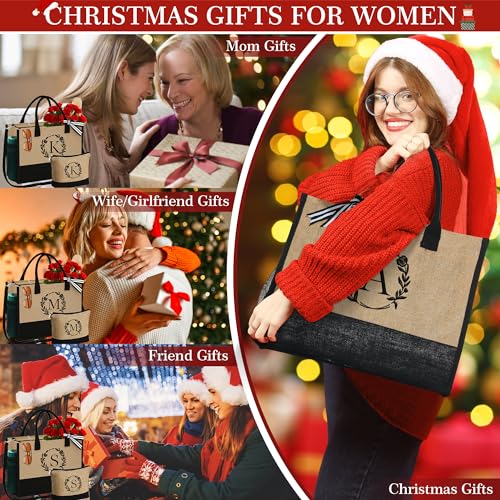 Image of YOOLIFE Personalized Gifts for Women - Initial Jute Tote Bag & Makeup Bag, Birthday Gifts for Women Mom Wife Teacher Friend