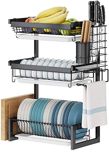 JYHHGDS Drain Rack Drying Racks Dish Drainers Rack, Kitchen Storage Rack Draining, Over Sink Removable Cutlery Holder Drip Utensil Hooks Drainboard/3 Tier