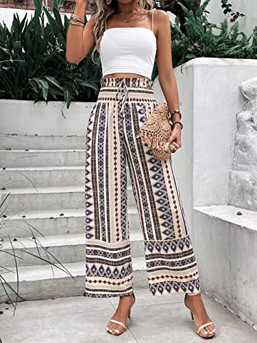 SweatyRocks Women's Allover Geo Print Wide Leg Pants Drawstring Waist Ruffle Hem Trousers4
