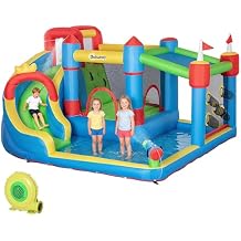 Outsunny 6-in-1 Inflatable Water Slide with Splash Pool, Slide, Climbing Wall, Water Cannon, Inflatable Bounce House for Kids with 2 Min. Inflation and Air Blower