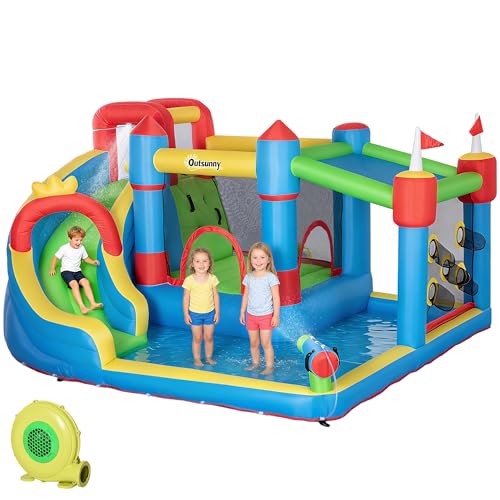 Outsunny 6-in-1 Inflatable Water Slide with Splash Pool, Slide, Climbing Wall, Water Cannon, Inflatable Bounce House for Kids with 2 Min. Inflation and Air Blower