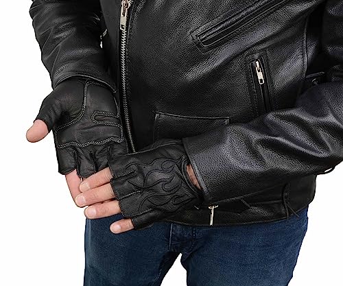 Image of Milwaukee Leather SH198 Men's Black Flame Embroidered Fingerless Gloves with Gel Palm | Padded Comfort; Vibration Relief; Flame Embroidery