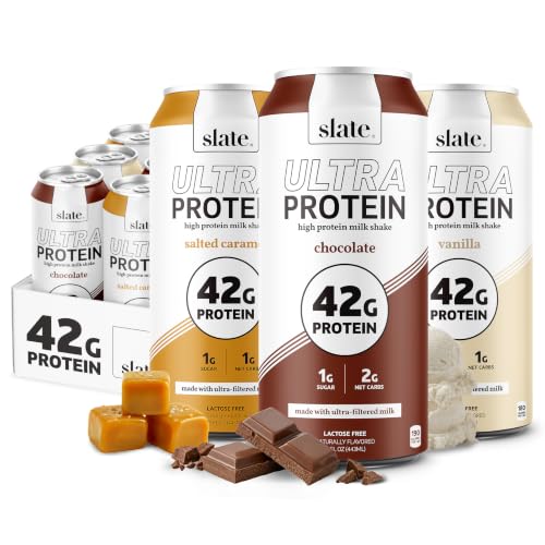 Slate Milk - Ultra Protein Shake - Sweet &amp; Salty Pack - Chocolate, Vanilla, Salted Caramel - 42g Protein, 2g Sugar, 200 Calories, 4g Net Carbs - Lactose Free, No Added Sugar - 15 fl oz, 12 Cans