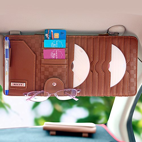 BIETY Car Sun Visor Organizer CD/DVD Storage Sunshade Sleeve Detachable Portable Bag Cards Wallet Pocket Pen Glasses Clip Cover Storage PU Leather Brown